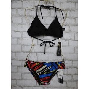 $112 La Blanca Black Ruffle Bikini Top & Aztec Print Hipster Bottom 4 NEW L547